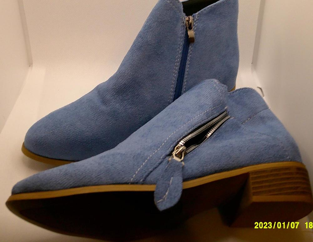 Light blue women's suede bootiess low heel with two double zippers 1 is a pocket